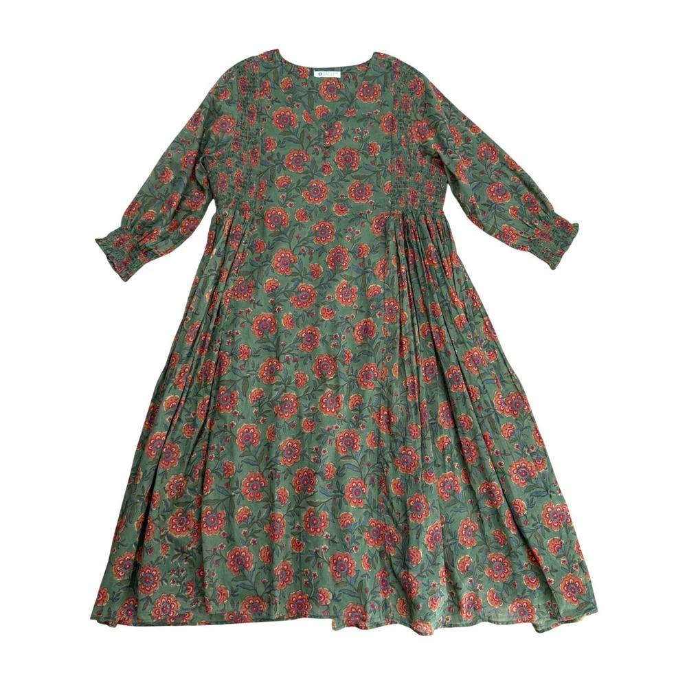 Bach Green Floral Smocked Midi Dress Long Sleeve Boho Cottagecore boho cotton